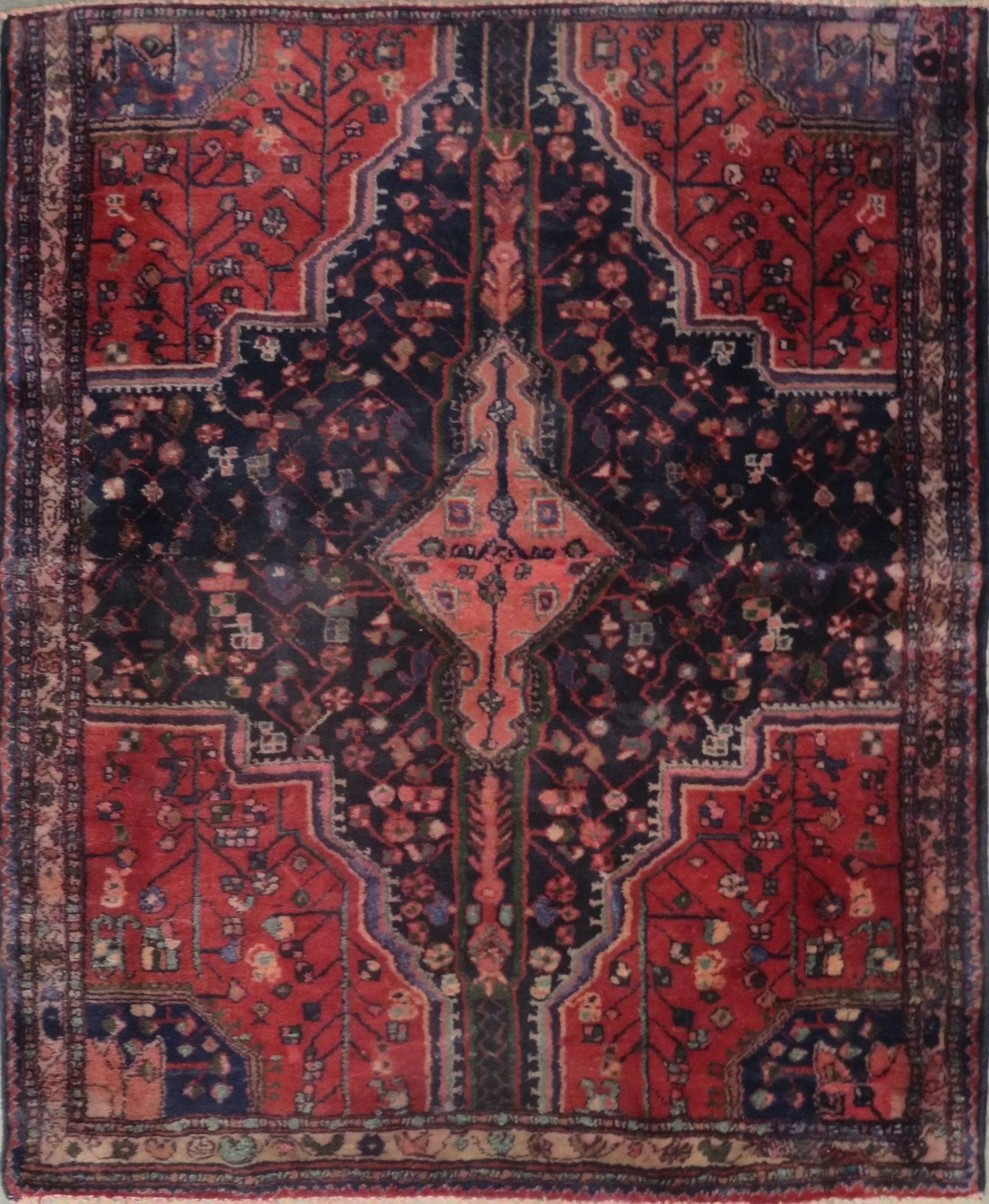 One Of The Kind Hand-Knotted Persian Wool Rug _ Luxurious Vintage Design, 4'7" x 4'0", Artisan Crafted
